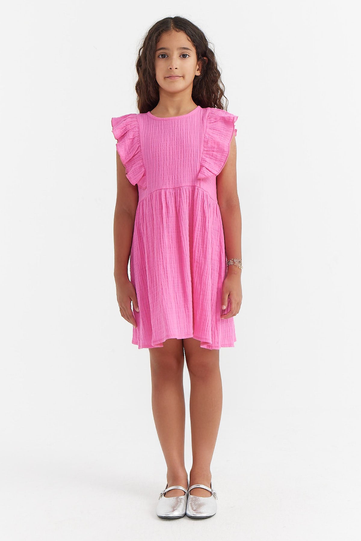 Girl's Textured Dress with Ruffle Sleeve Detail