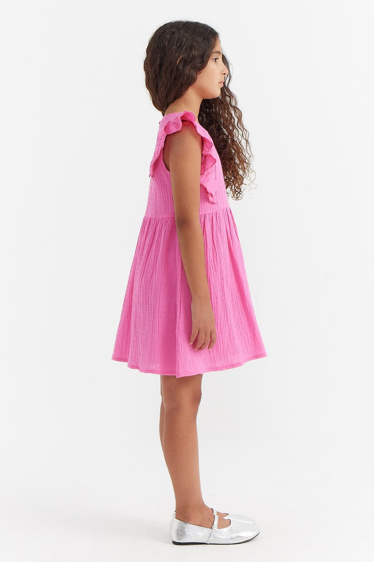 Girl's Textured Dress with Ruffle Sleeve Detail