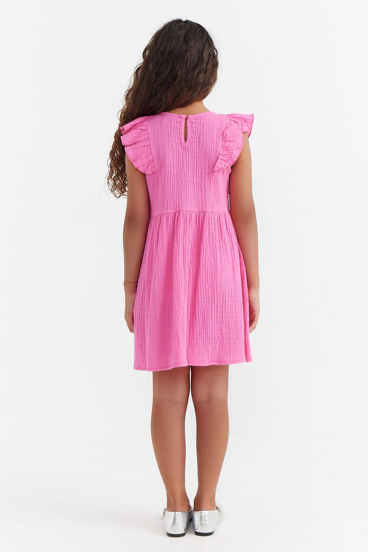 Girl's Textured Dress with Ruffle Sleeve Detail