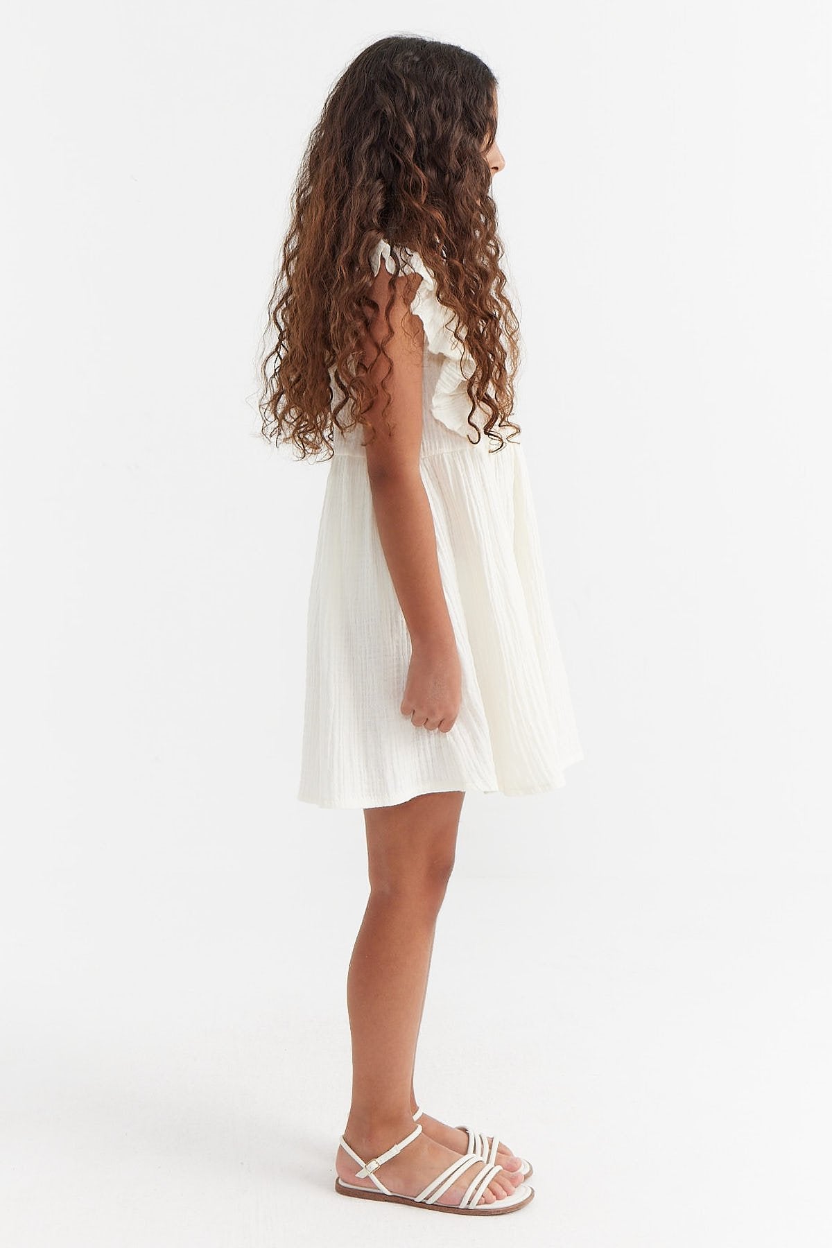 Girl's Textured Dress with Ruffle Sleeve Detail