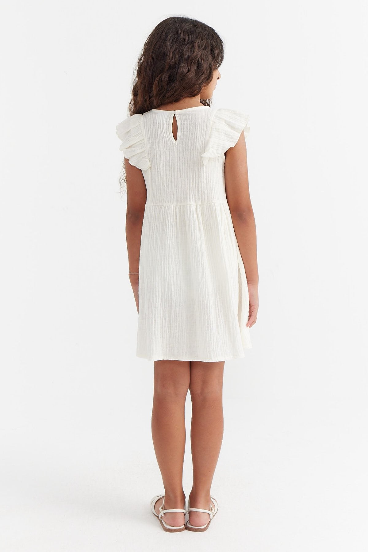 Girl's Textured Dress with Ruffle Sleeve Detail
