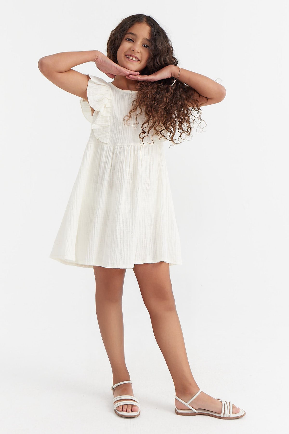 Girl's Textured Dress with Ruffle Sleeve Detail