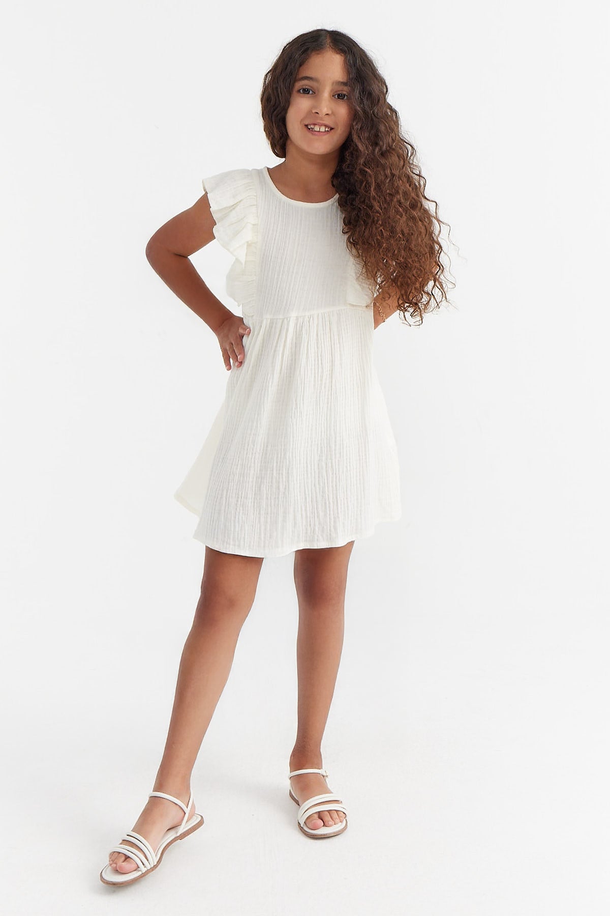 Girl's Textured Dress with Ruffle Sleeve Detail