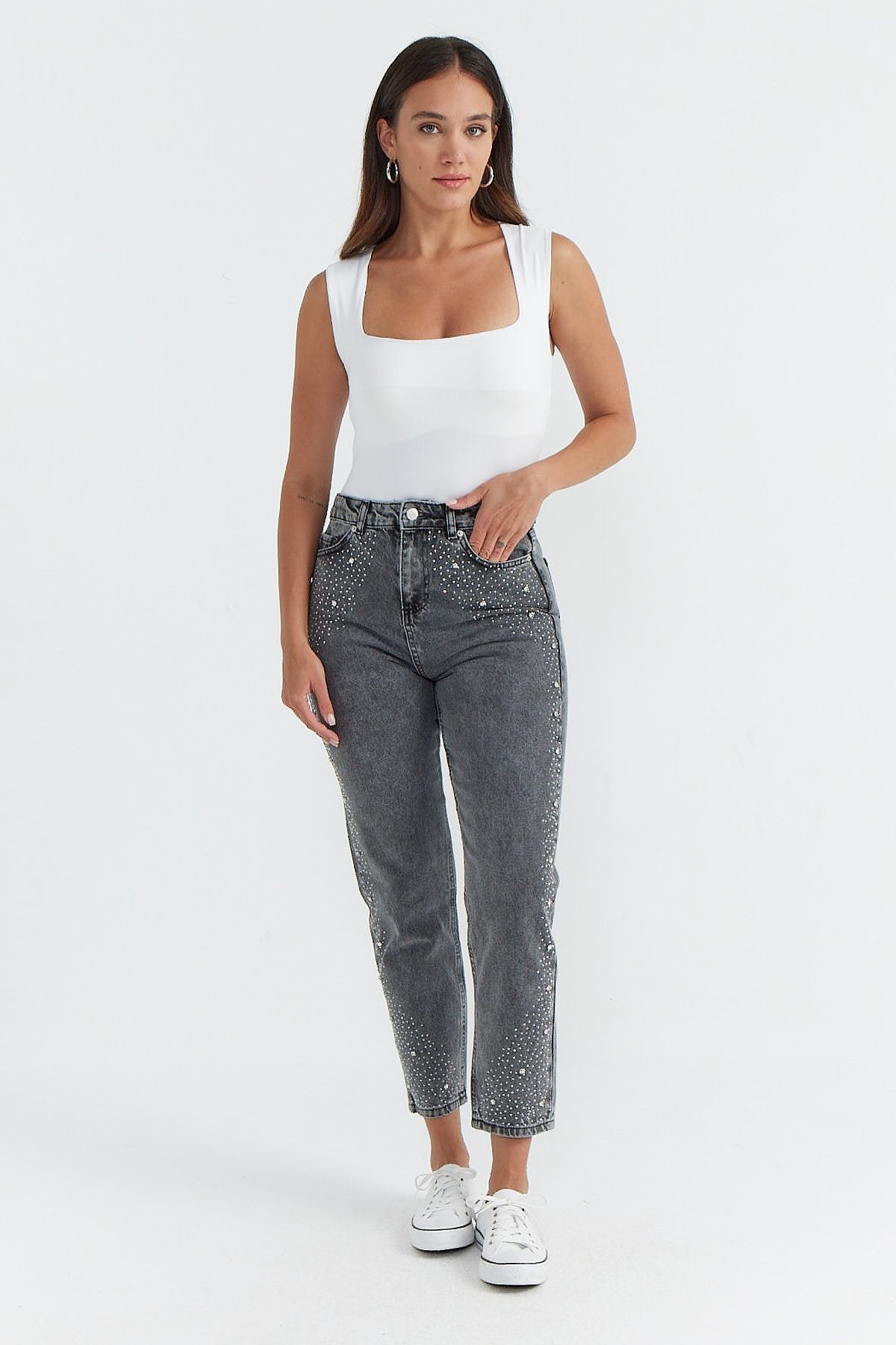 Women's High Waist Stone Printed Jeans