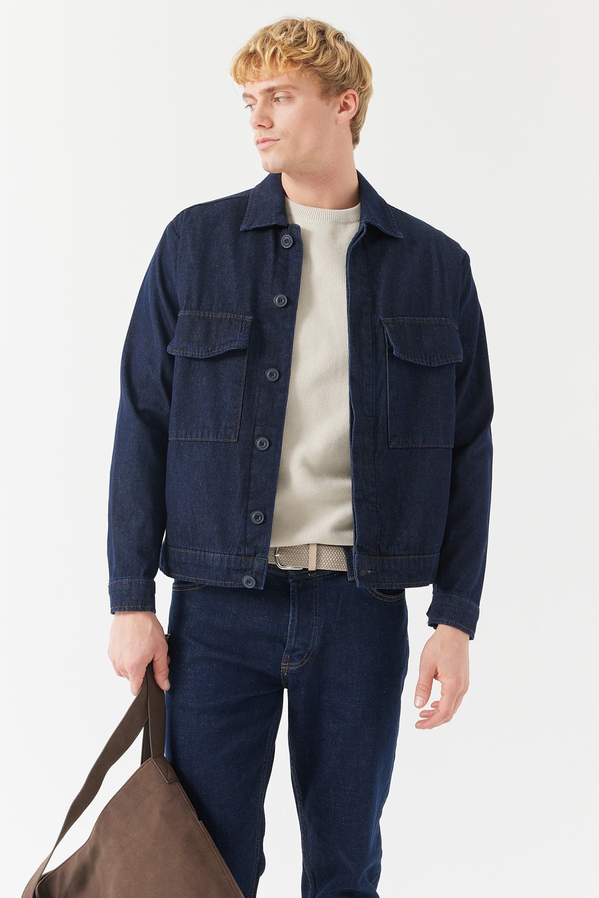 Men's Denim Jacket with Pocket and Flap Pocket