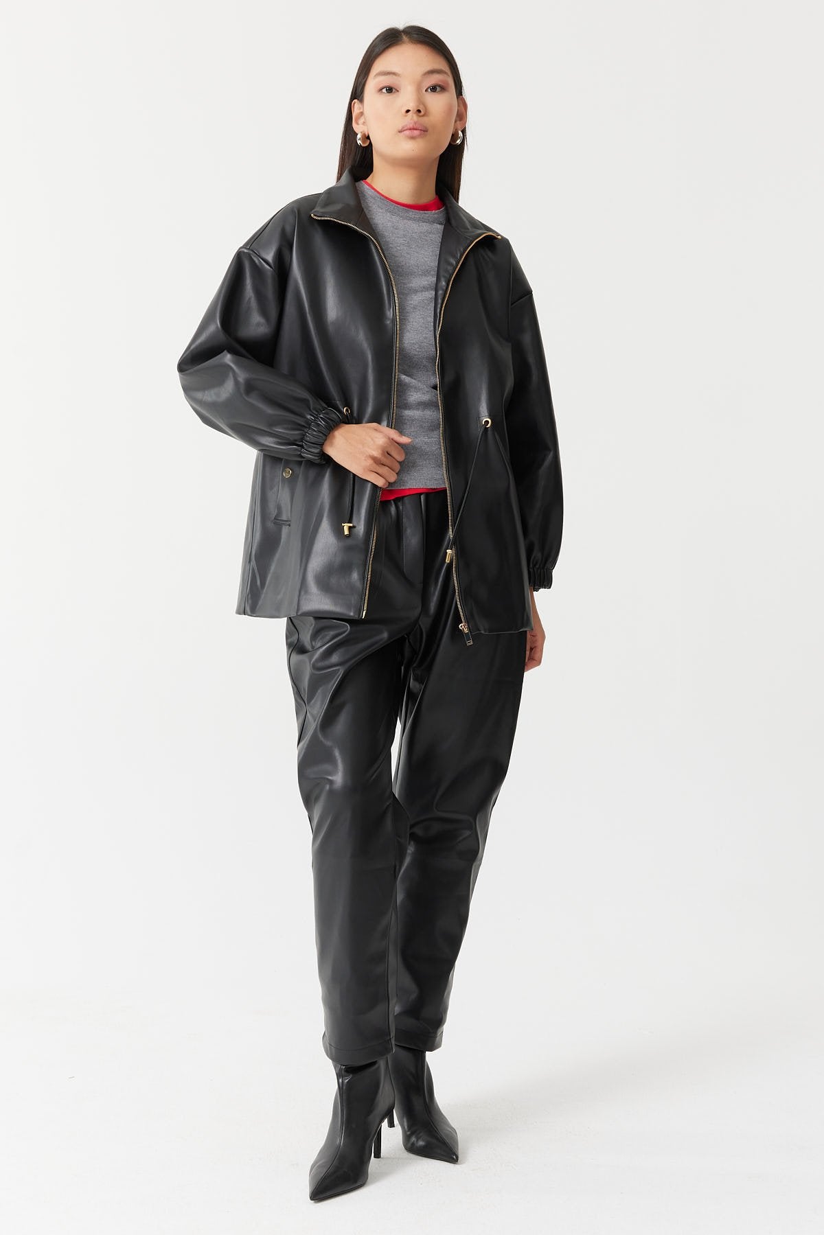 Women's Adjustable Waist Leather Coat