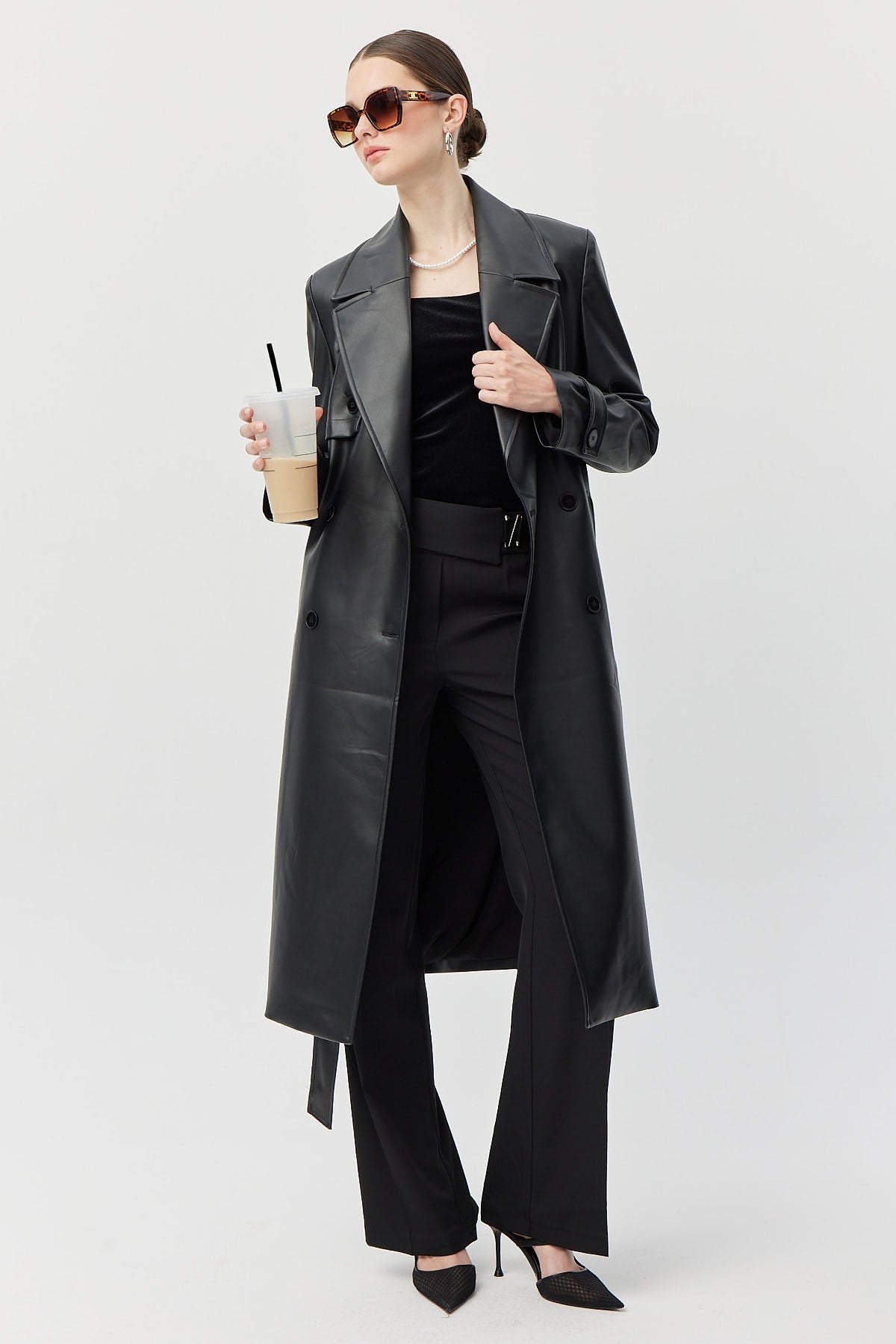 Women's Belted Leather Trench Coat