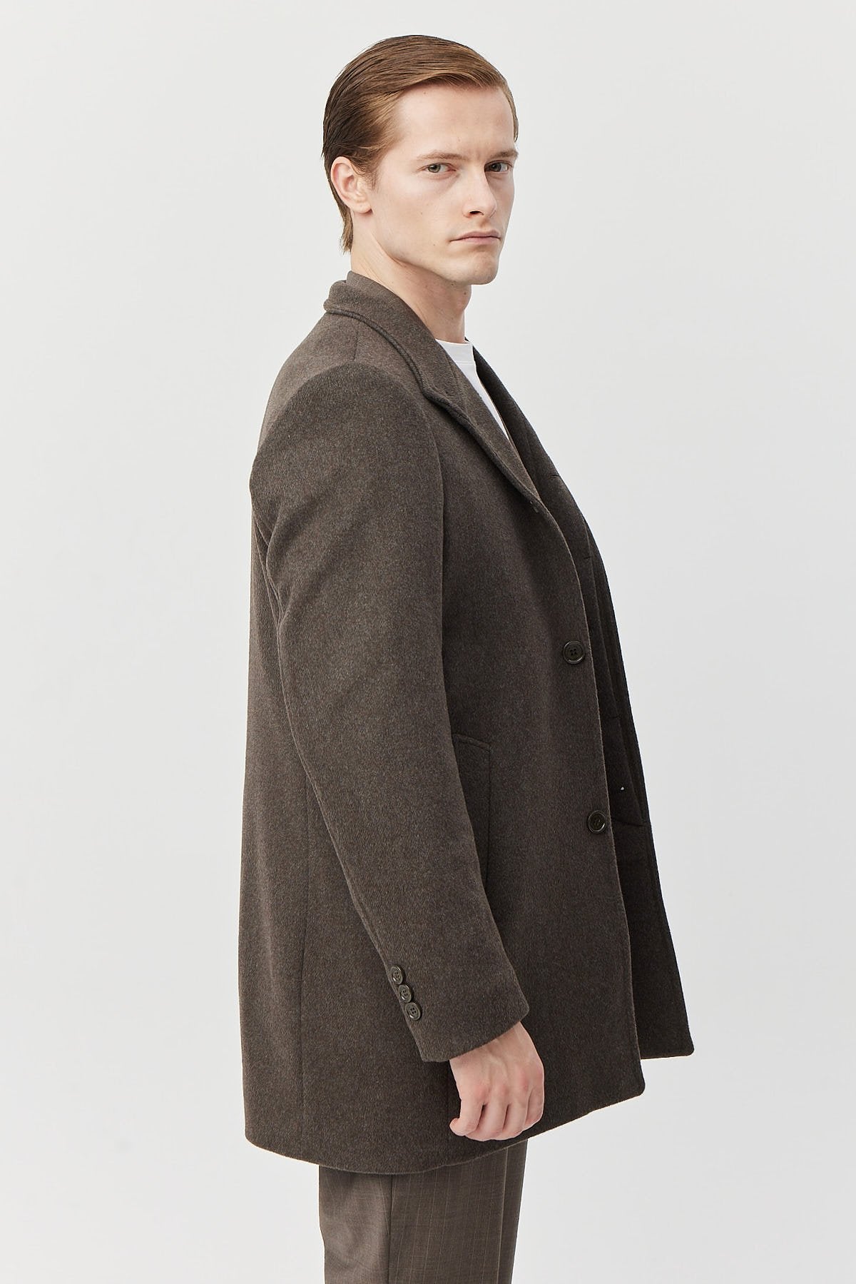 Men's Long Coat with Grandad Collar and Pockets