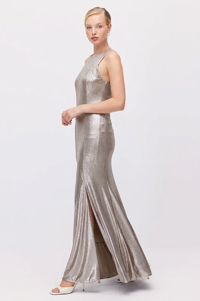 Women's Metallic Look Sleeveless Long Evening Dress