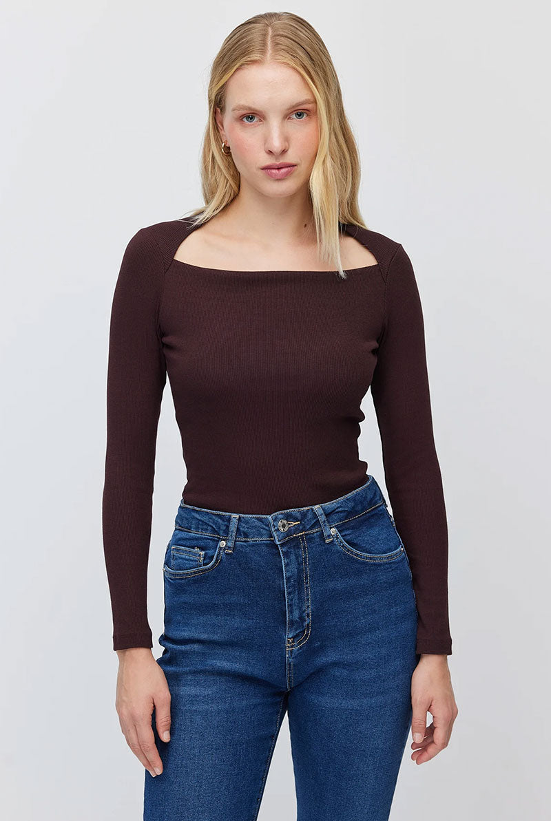 Women's Square Neck Ribbed Long Sleeve Blouse