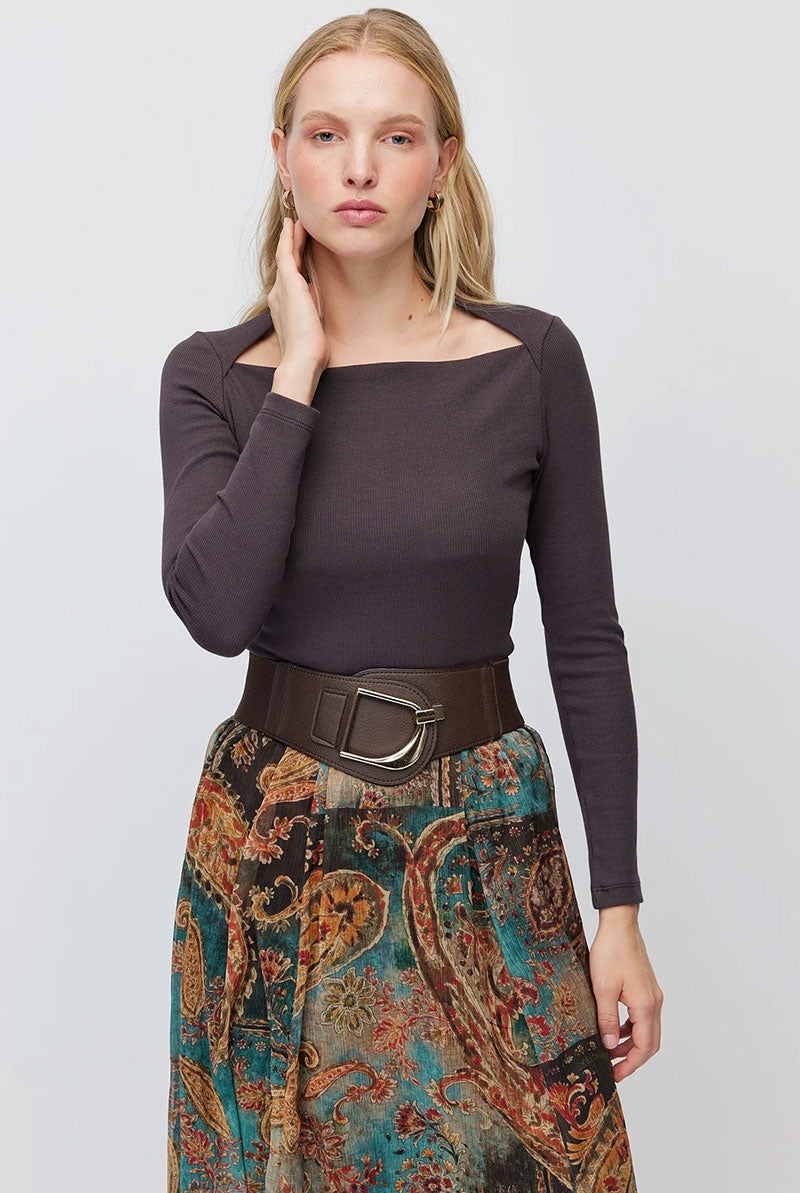 Women's Square Neck Ribbed Long Sleeve Blouse