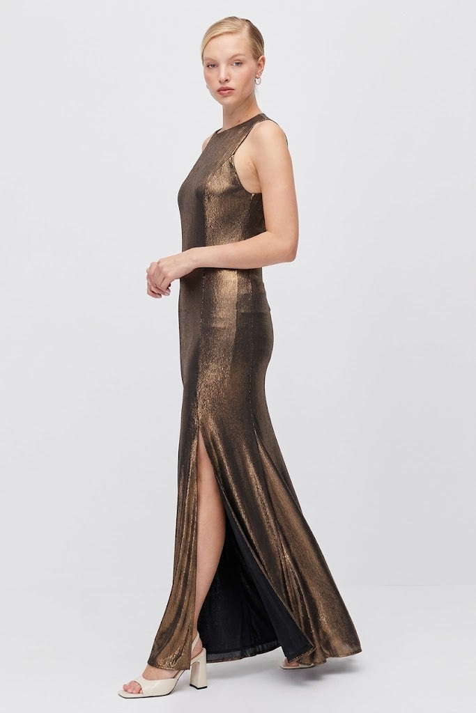 Women's Metallic Look Sleeveless Long Evening Dress