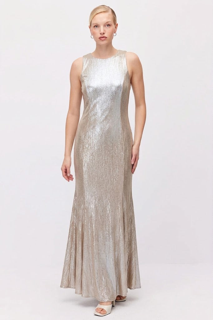 Women's Metallic Look Sleeveless Long Evening Dress